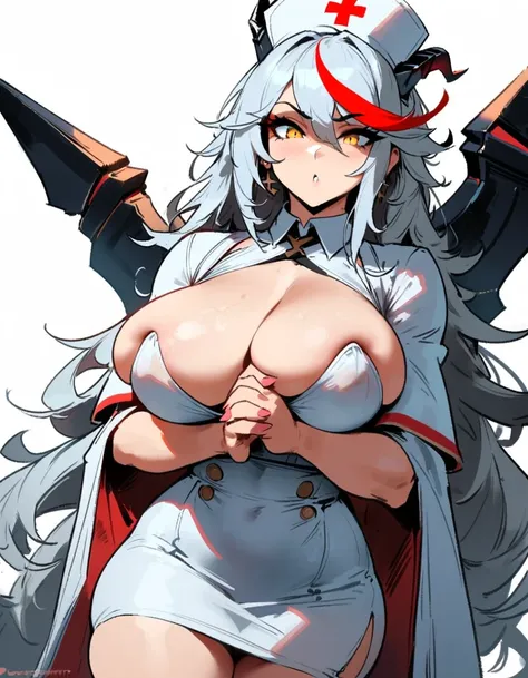 1girl, aegir (azur lane), azur lane  masterpiece, best quality, very aesthetic, absurdres, newest  sportive body,   by nyantcha,,by cutesexyrobutts,by khyle ///// white hair with a single prominent red streak, black horns, yellow eyes,  , white (nurse outf...