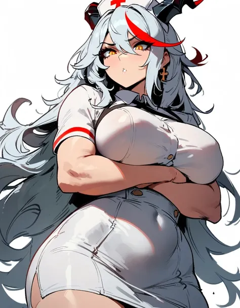 1girl, aegir (azur lane), azur lane  masterpiece, best quality, very aesthetic, absurdres, newest  sportive body,   by nyantcha,,by cutesexyrobutts,by khyle ///// white hair with a single prominent red streak, black horns, yellow eyes,  , white (nurse outf...