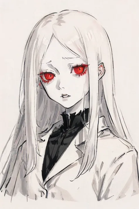 A girl with long white hair, pale skin, with the lower eyelids of the eyes, dark and extremely pale skin, appearing to be sick or weak. She&#39;s sitting in a white padded room(you already, a hospice room), the place has weak kuzes, giving a dark and melan...