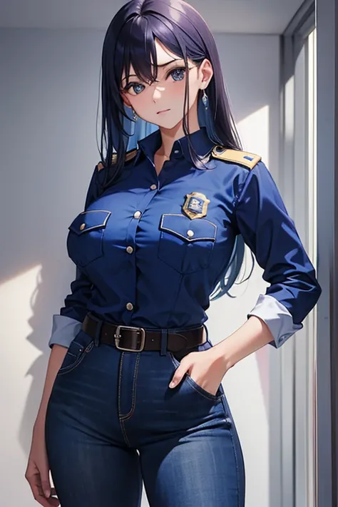 tetas grandes,uniforme de police, Chemise bleu clair, blue pants, chest pocket, best quality, head of&#39;artwork,blue cap,black belt,Policewoman,jp-police,brown-hair