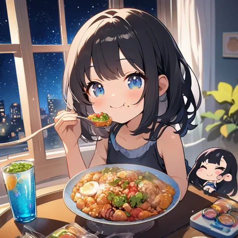 masterpiece、Highest quality、Depth of subject、２D illustration、1 beautiful girl、独奏, (((chibi style)))、((night)), ((window)), ((starry sky)), Long, beautiful hair、Shiny black hair、cute、Beautifully detailed eyes、((Tank top))、a glass of blue soda, ((colorful))、...