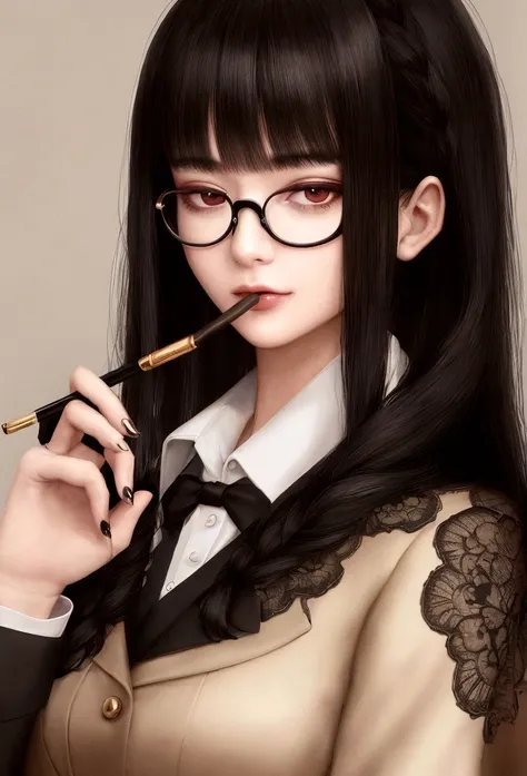 ((Highest quality)), ((masterpiece)), (detailed), tobacco, woman, Glasses, Long Black Hair, modern, suit