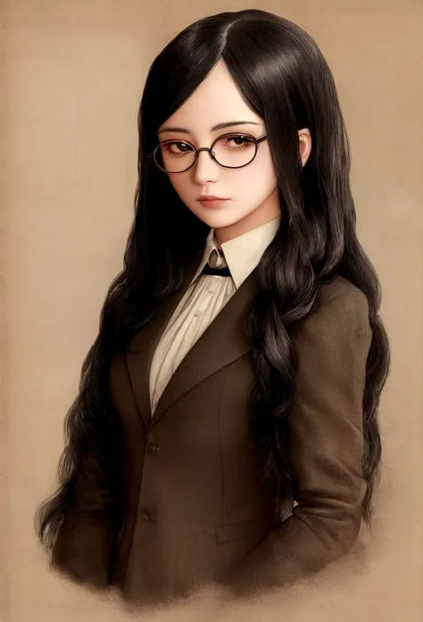 ((Highest quality)), ((masterpiece)), (detailed), tobacco, woman, Glasses, Long Black Hair, modern, suit