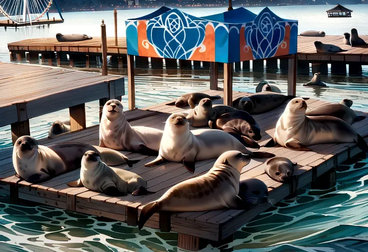 pier with seals, seals by the water, seals, large Ferris wheel