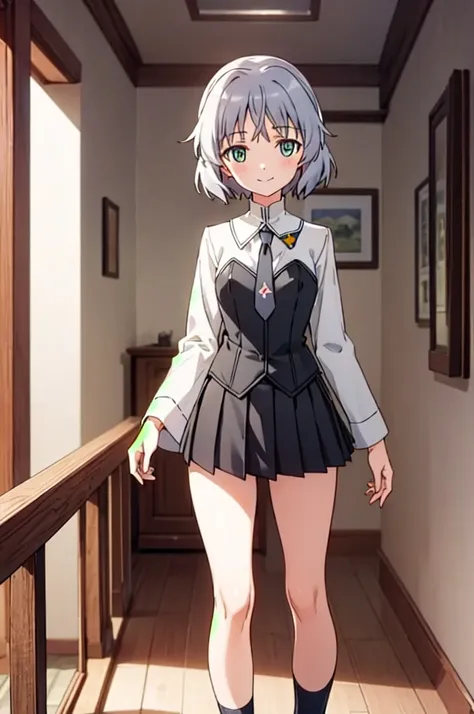 solo, 1girl, looking at viewer, miniskirt,socks, sanya v. litvyak, uniform, smile,indoor