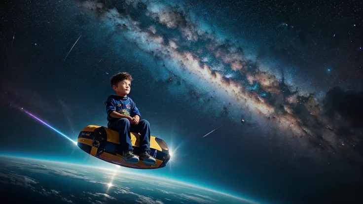 A boy floating in space looking towards a bright galaxy 