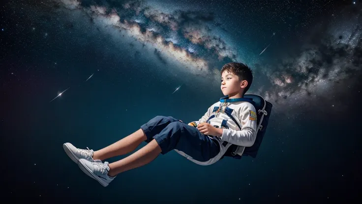 A boy floating in space looking towards a bright galaxy 