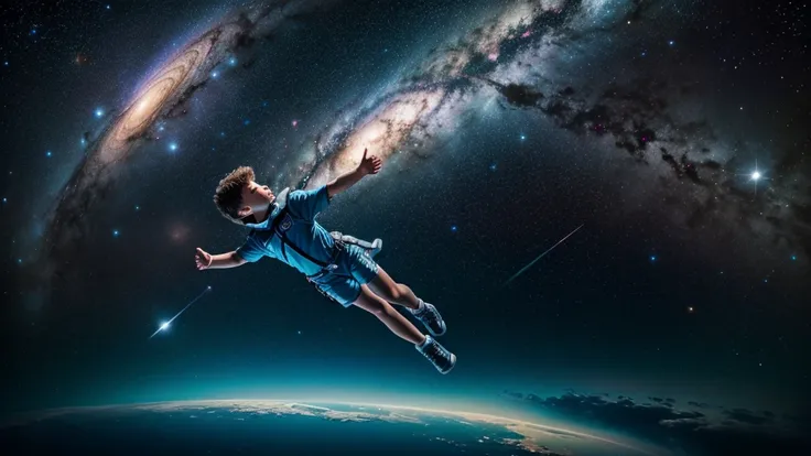 A boy floating in space looking towards a bright galaxy 