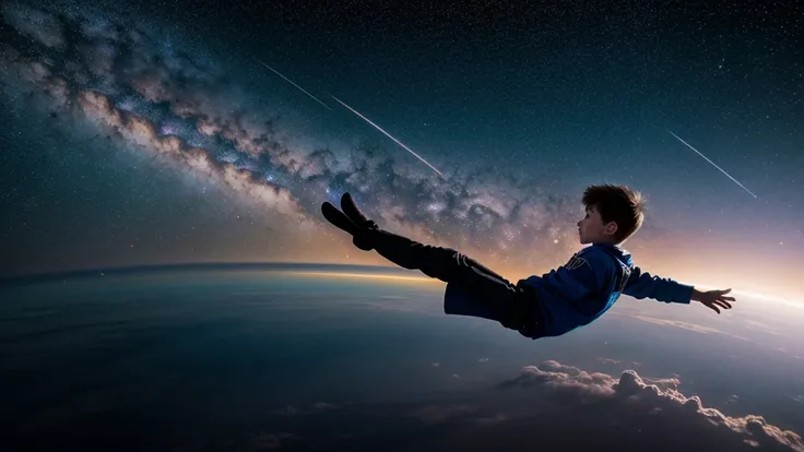 A boy floating in space looking towards a bright galaxy 