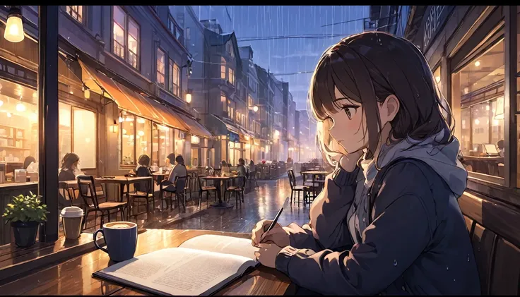 An illustration of a girl studying in an anime-style urban cafe. She sits by the window, concentrating on reading a book while feeling the hustle and bustle of the city outside. Her expression is focused, but also reflects a certain loneliness. The interio...