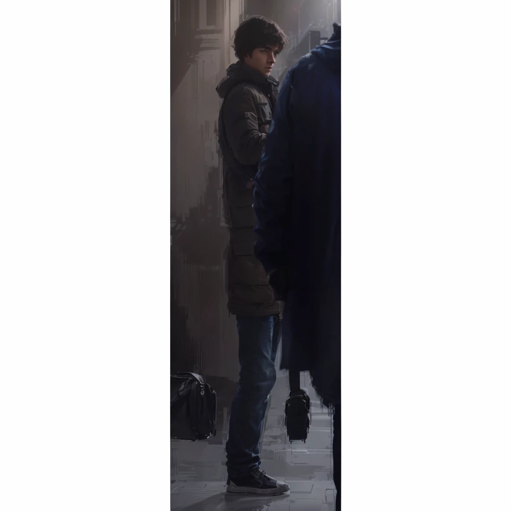 In a city in Europe, in profile, a man with his son is wearing a winter jacket, jeans and carrying a bag. Photorealism, full view, highly detailed image, very realistic, hyperrealism, Ultra HD, 8k, 5, sharp focus, intricate and mysterious masterpiece. (Lon...