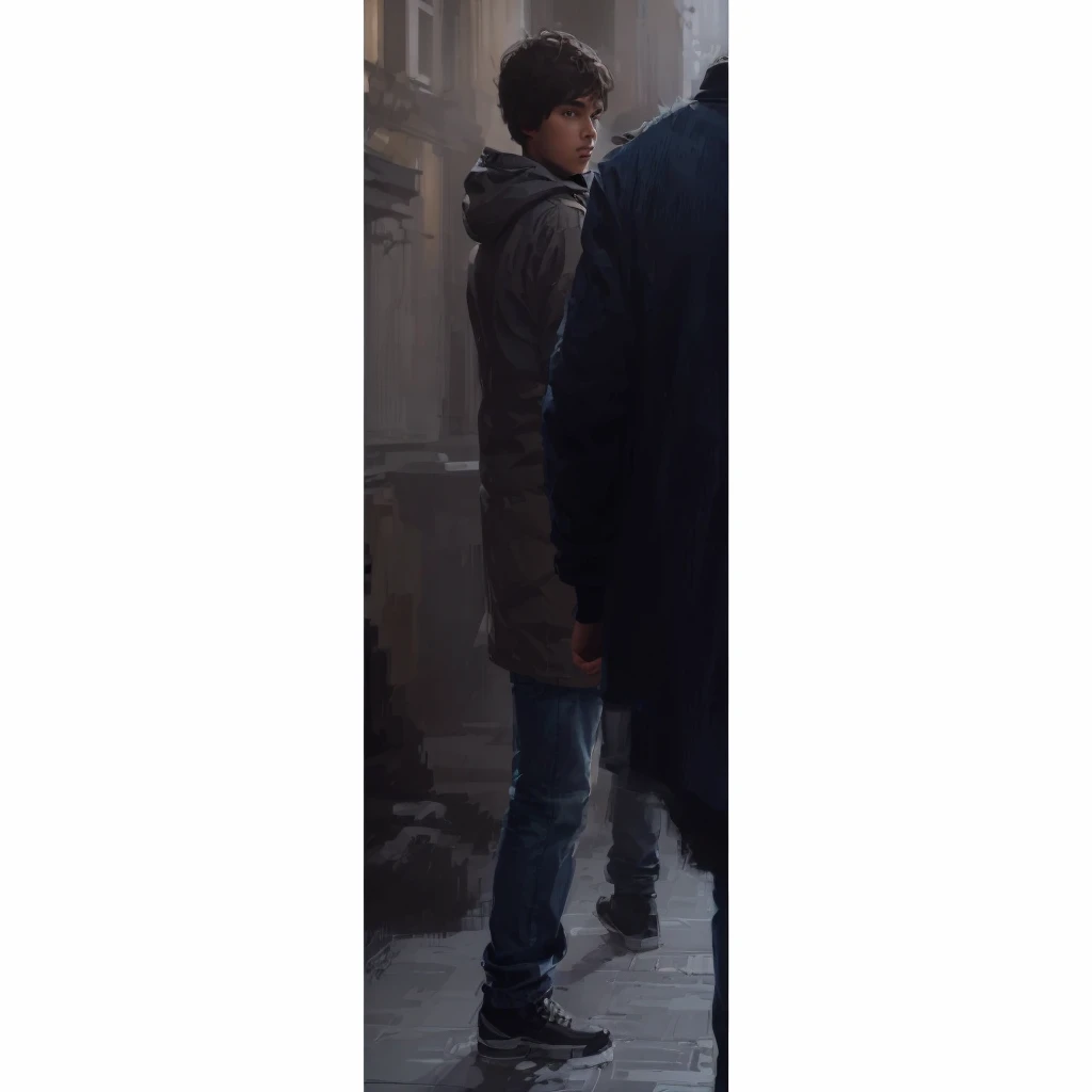 In a city in Europe, in profile, a man with his son is wearing a winter jacket, jeans and carrying a bag. Photorealism, full view, highly detailed image, very realistic, hyperrealism, Ultra HD, 8k, 5, sharp focus, intricate and mysterious masterpiece. (Lon...