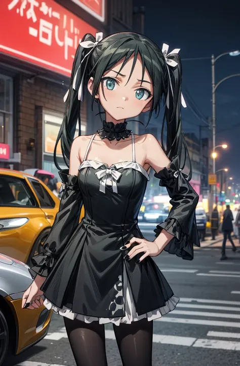 (masterpiece, best quality, detailed), 1girl, solo, looking at viewer, francesca lucchini, gothic, goth fashion, black dress, frills, detached sleeves, bare shoulders, hair ribbon, jewelry, cross necklace, outdoors, city, cyberpunk, contrapposto, legs apar...