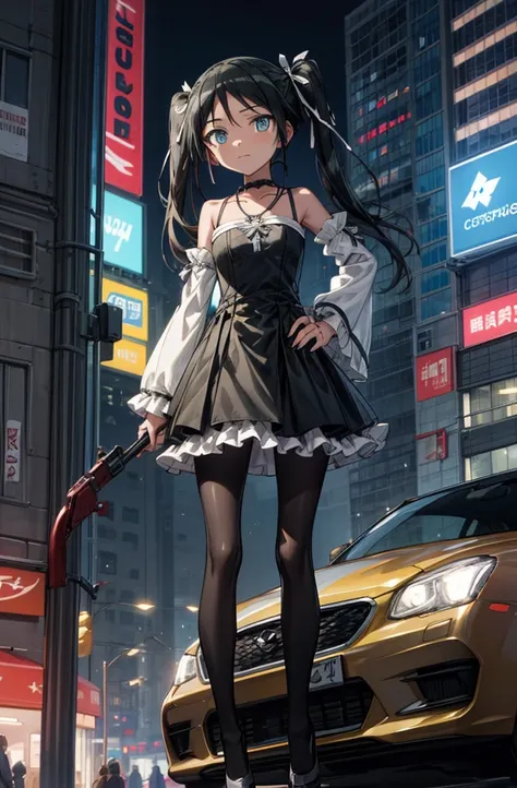 (masterpiece, best quality, detailed), 1girl, solo, looking at viewer, francesca lucchini, gothic, goth fashion, black dress, frills, detached sleeves, bare shoulders, hair ribbon, jewelry, cross necklace, outdoors, city, cyberpunk, contrapposto, legs apar...