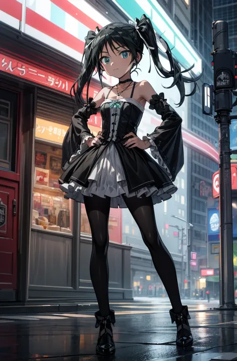 (masterpiece, best quality, detailed), 1girl, solo, looking at viewer, francesca lucchini, gothic, goth fashion, black dress, frills, detached sleeves, bare shoulders, hair ribbon, jewelry, cross necklace, outdoors, city, cyberpunk, contrapposto, legs apar...