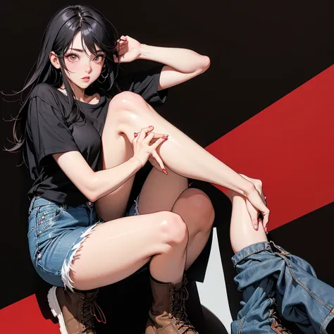 anime style, 25 year old woman, black hair and mascara eyes, wearing a super large and loose black t-shirt, denim shorts, light brown ankle boots, untied shoelaces, red polka dot bracelet, black background