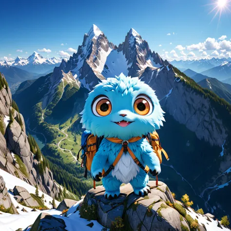 【やま】
A cute mountain monster with big eyes and a cheerful expression, standing on a tall peak, enjoying the breathtaking view. The adorable creature has a small backpack and hiking gear, showcasing the joy of climbing. The background features a stunning la...