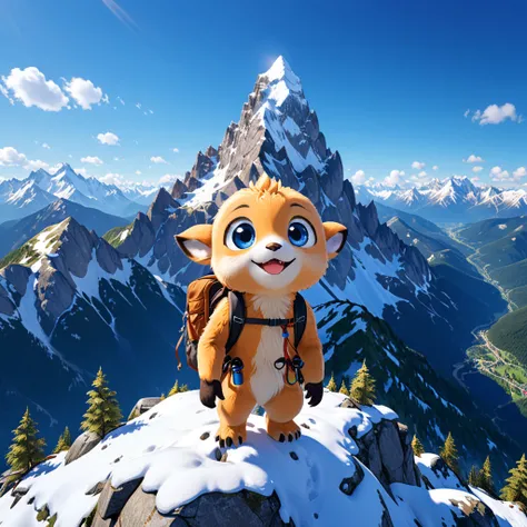 【やま】
A cute mountain monster with big eyes and a cheerful expression, standing on a tall peak, enjoying the breathtaking view. The adorable creature has a small backpack and hiking gear, showcasing the joy of climbing. The background features a stunning la...