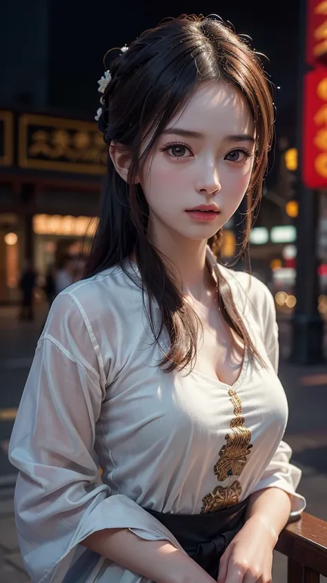 (Realistic, photo-Realistic:1.37),(8K, RAW Photos, Highest quality, masterpiece:1.2), Portrait of a Woman ,20-year-old,Chinese,Upper Body,Chinese clothes,Shanghai Street,Cinema Lighting,Fighting Pose,