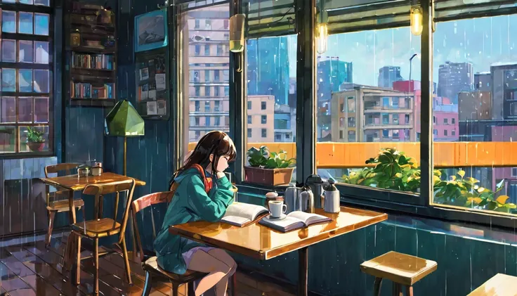 An illustration of a girl studying in an anime-style urban cafe. She sits by the window, concentrating on reading a book while feeling the hustle and bustle of the city outside. Her expression is focused, but also reflects a certain loneliness. The interio...