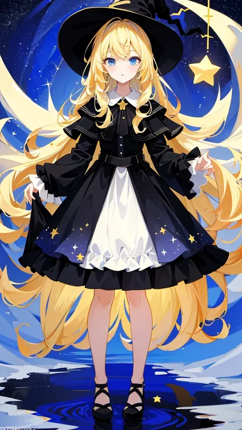 ((masterpiece:1.2, Highest quality)), One girl, alone, (Witch Hat), Blonde, Long Hair, dress, Aurora, night, star (null), Mitt, null, White dress, night days