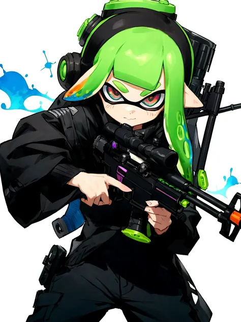 Splatoon Inkling posing with weapon、Cool and stylish artwork、Cool colors、With effects、Waiting and aiming with a sniper rifle