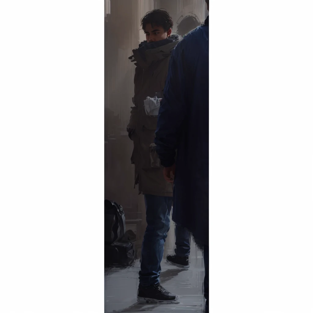 In a city in Europe, in profile, a man with his son is wearing a winter jacket, jeans and carrying a bag. Photorealism, full view, highly detailed image, very realistic, hyperrealism, Ultra HD, 8k, 5, sharp focus, intricate and mysterious masterpiece. (Lon...