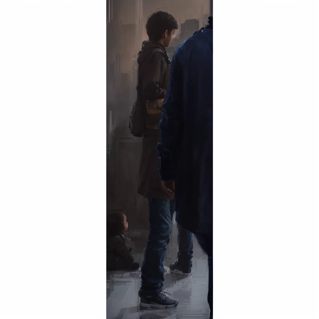 In a city in Europe, in profile, a man with his son is wearing a winter jacket, jeans and carrying a bag. Photorealism, full view, highly detailed image, very realistic, hyperrealism, Ultra HD, 8k, 5, sharp focus, intricate and mysterious masterpiece. (Lon...