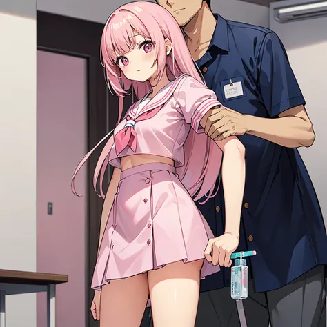 A pink-haired high school girl in a sailor uniform receives a vaccination、A man grabs your arm、Take the syringe and stick it into your upper arm.。.