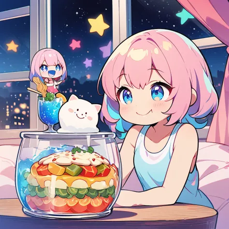 masterpiece、Highest quality、Depth of subject、２D illustration、1 beautiful girl、独奏, (((chibi style)))、((night)), ((window)), ((starry sky)), Long, beautiful hair、Shiny pink hair、cute、Beautifully detailed eyes、((Tank top))、a glass of blue soda, ((colorful))、m...