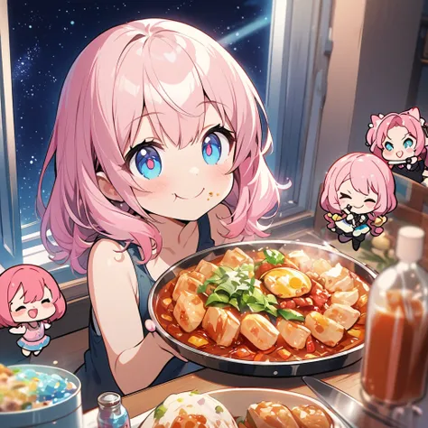 masterpiece、Highest quality、Depth of subject、２D illustration、1 beautiful girl、独奏, (((chibi style)))、((night)), ((window)), ((starry sky)), Long, beautiful hair、Shiny pink hair、cute、Beautifully detailed eyes、((Tank top))、a glass of blue soda, ((colorful))、m...