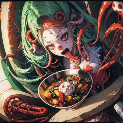 anime model ,drug capsule, a painting of a zombie eating a bowl filled with various pharmaceutical capsules a hyperrealistic painting, by Jason Edmiston, cutecore clowncore, mixture of creatures with tentacles, horror wallpaper aesthetic, greg beeple, clow...