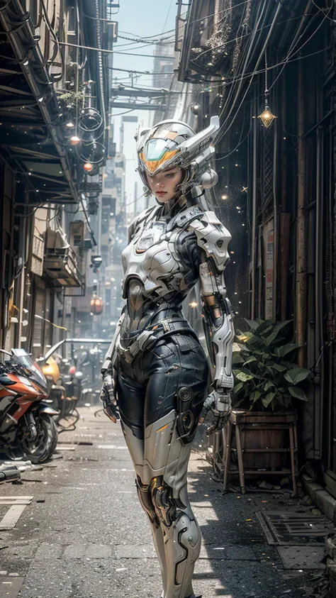 ((best quality)), ((masterpiece)), ((Practical)), (detailed), (photoPractical:1.5), 1 Girl, ((Pretty Face, Pointed face)), (thick body), (White tights), Light on armor, (((Transparent cybernetic helmet))), ((Looking at the audience)), Dynamic poses, Post-a...