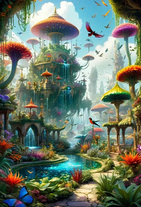 a hyper-detailed, intricate scene set in an expansive, fantastical garden. every inch of the image is filled with a myriad of el...