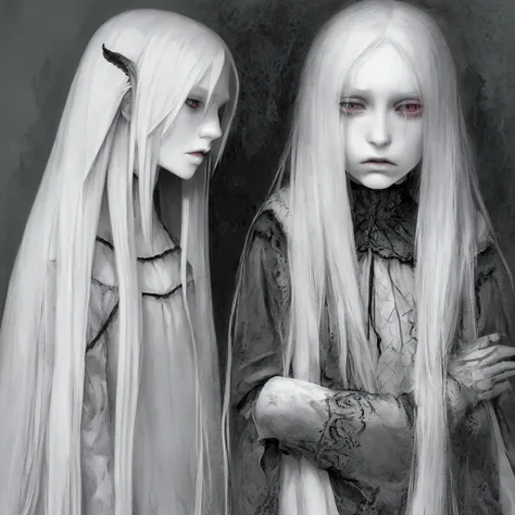 A girl with long white hair, pale skin, with the lower eyelids of the eyes, dark and extremely pale skin, appearing to be sick or weak. She&#39;s sitting in a white padded room(you already, a hospice room), the place has weak kuzes, giving a dark and melan...