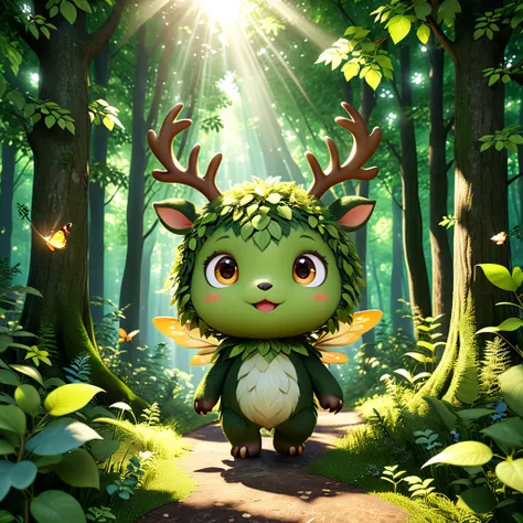 【もり】
A cute forest monster with big eyes and a gentle smile, wandering through a lush green forest. The endearing creature has small antlers and leafy wings, surrounded by tall trees and woodland animals. The background depicts a serene natural setting wit...