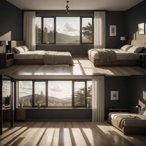 air-conditioned room with a large window overlooking a field, dark bedroom, cozy place, cozy room, large windows to the forest at night, realistic rendering of the unreal engine, cozy envirnment e tranquilo, cozy atmospheric, cozy and calm, daily rendering...