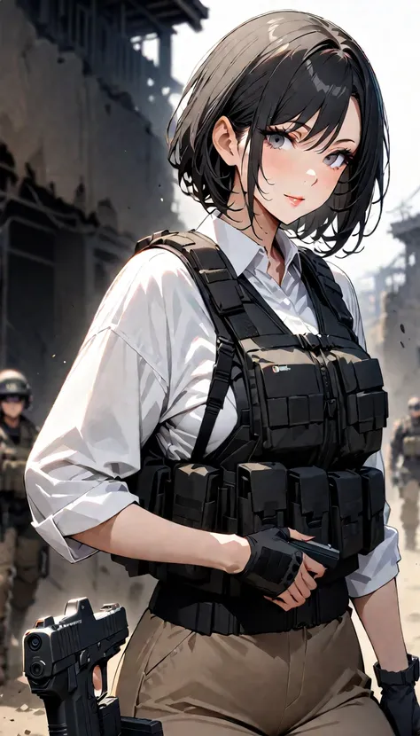 ((masterpiece)),((Highest quality)),((High resolution)),((Very detailed)),One Woman,48 years old,Mature Woman,Japanese,Black Hair,Short Bob,Beautiful Eyes,Long eyelashes,Beautiful Hair,Beautiful Skin,Severe,whole body,break(((pistol))),Handgun,White shirt,...