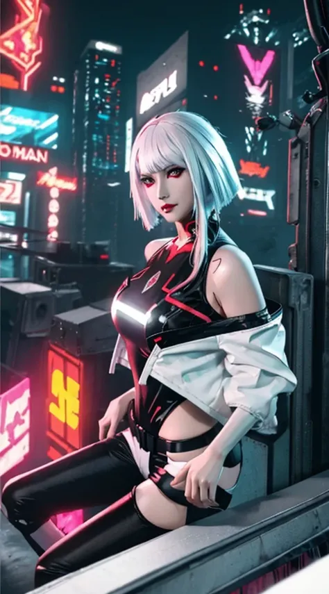 (masterpiece, best details), lucy_cyberpunk, (close up),1 sweet girl,white short hair, bangs,(medium breasts:1.5) ((red eyeliner)), ((makeup)),red lips, (white off-shouler jacket), black bodysuit, bare shoulders, white shorts, hip vent, (dynamic pose), loo...