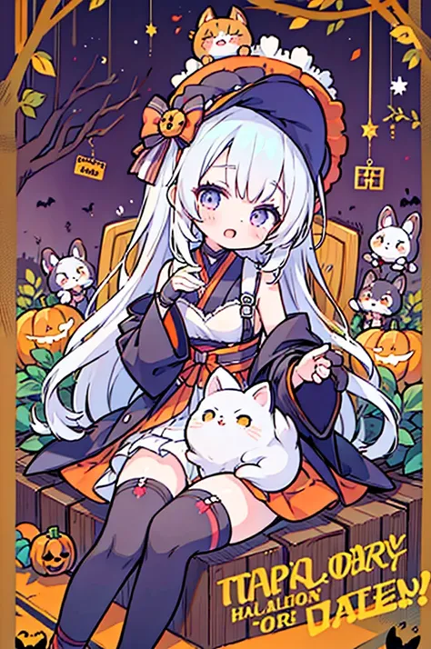 Anime girl with a cat and a pumpkin on her lap, splash art anime change, Trick or Treat, Halloween Art Style, Halloween Celebration, Ahegao, Anime Monster Girl, Halloween Theme, Cemetery Goddess of Death, White cat lady, Halloween Night, From the Azur Lane...