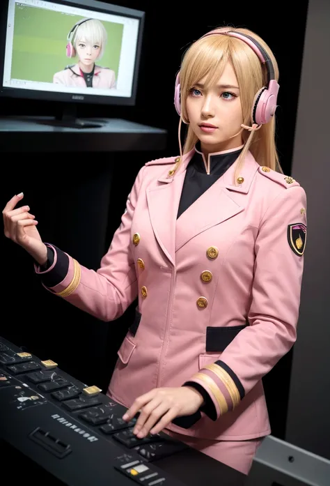 A photorealistic image of a beautiful female character with blonde hair wearing a headset, dressed in a pink military-style uniform with a pink jacket, red collar, and epaulettes. She is in a control room, with one hand holding the headsets microphone as i...