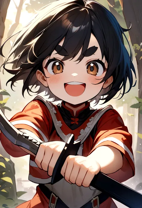 childhood friend,short hair,Black Hair,Thick eyebrows,single,{masterpiece},{high quality},{Very detailed},{Perfect Face},Holding a sword,Fight the Bone Warriors、Fearless smile