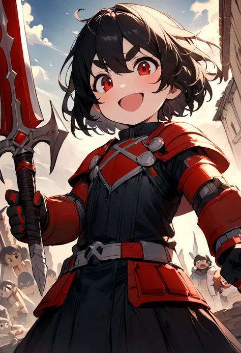 childhood friend,short hair,Black Hair,Thick eyebrows,single,{masterpiece},{high quality},{Very detailed},{Perfect Face},Holding a sword,Fight the Bone Warriors、Fearless smile