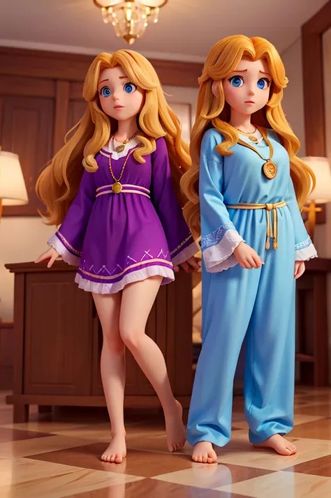 a  with long, thick hair of golden hair and two big, sparkling blue eyes, wearing a dress like pajamas, shes a , shes holding a necklace with a large purple pendant in her hand