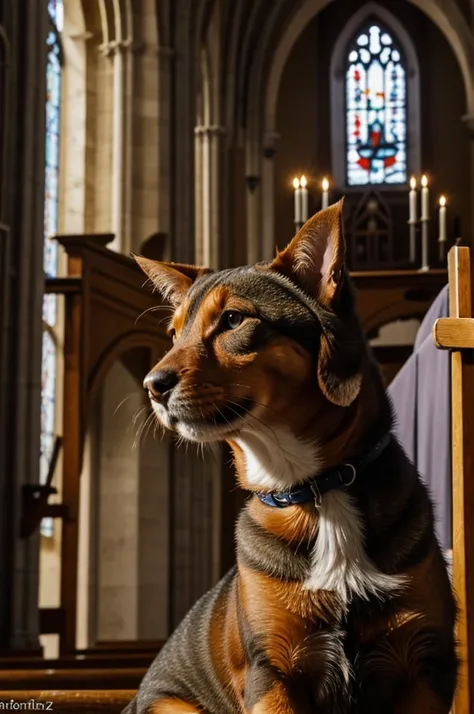 Un teckel à poils longs roux charbonneux standard qui poursuit un chat dans une église pendant la messe. The faithful watch them, unhappy. 