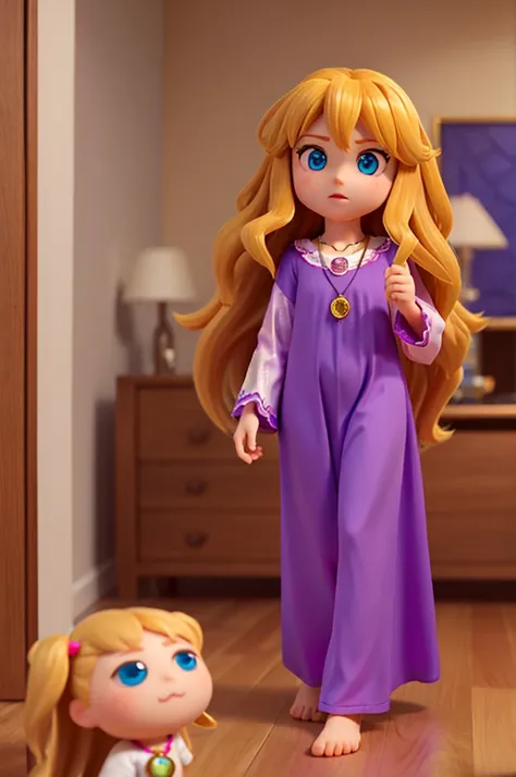 a  with long, thick hair of golden hair and two big, sparkling blue eyes, wearing a dress like pajamas, shes a , shes holding a necklace with a large purple pendant in her hand
she is a kid