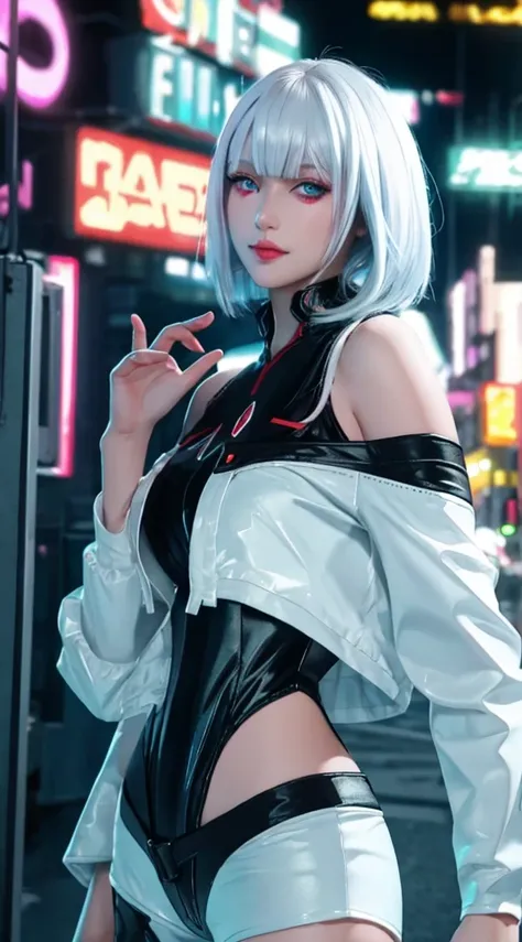 a sweet girl with white short hair and bangs, close-up, medium breasts, wearing a white off-shoulder jacket, black bodysuit, and white shorts with a hip vent, dynamic pose looking at the viewer, upper body, seducing expression with a slight smile, against ...