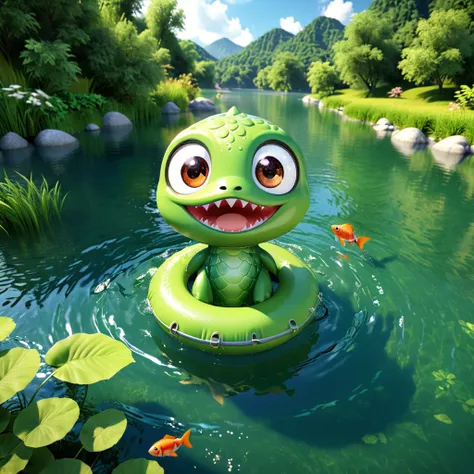 【かわ】
A cute river monster with big eyes and a joyful look, floating in a gentle river. The lovable creature has little paddles and a rubber ring, with fish swimming around. The background features a peaceful riverside scene with flowing water and green ban...