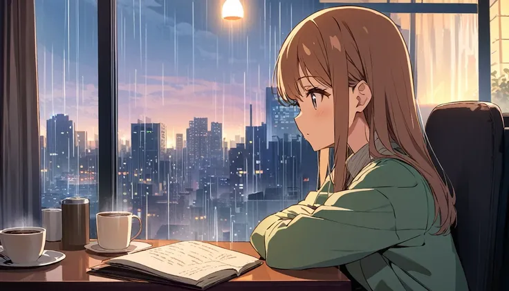 An illustration of a girl studying in an anime-style urban cafe. She sits by the window, concentrating on reading a book while feeling the hustle and bustle of the city outside. Her expression is focused, but also reflects a certain loneliness. The interio...