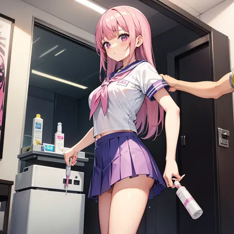 A pink-haired high school girl in a sailor uniform receives a vaccination、The man grabbed his arm、Take the syringe and stick it into your upper arm.。.